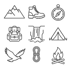 Tent mountain waterfall compass eagle peak vector boot backpack rope set icon
