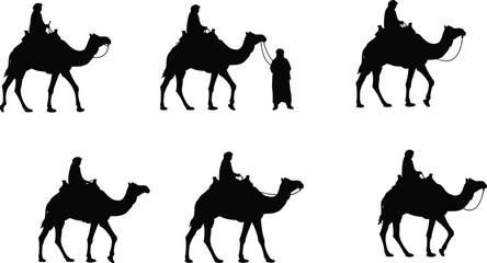 Camel rider silhouette collection, desert travel illustration, Arabian culture vector, nomadic journey artwork, black camel shapes on white background, traditional transport design