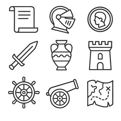 History castle knight ship vector pottery set sword icon map scroll helmet
