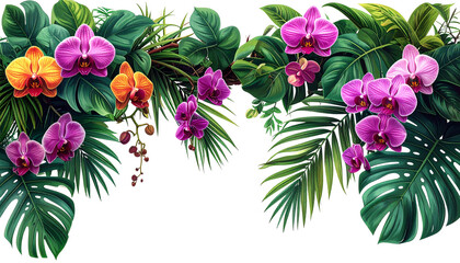isolated tropical vines with orchids and palm leaves, PNG cutout