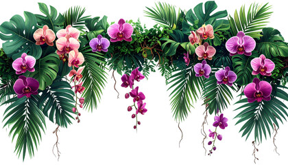 isolated tropical vines with orchids and palm leaves, PNG cutout