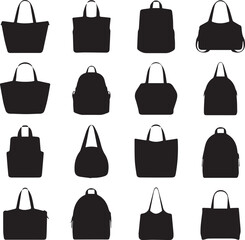 Collection of black silhouette icons of various bags and backpacks on white background tote bag handbag
