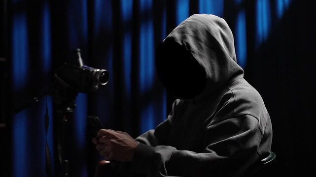 Anonymous hooded figure filmed while using a smartphone