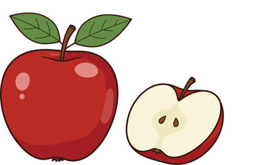 Red apple fruit illustration with green leaves and half sliced apple showing seeds, healthy food, organic fruit, vector cartoon drawing