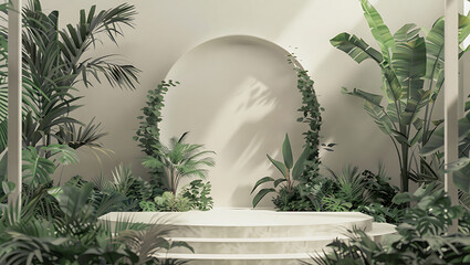 Minimalist stage with plants and archway