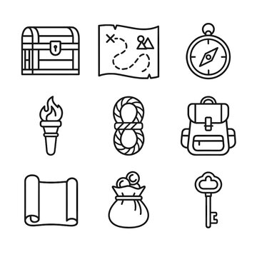Chest torch compass rope vector adventurer s scroll key icon pouch backpack