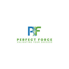 A logo for a CQV firm featuring an emblem in blue and green of the initials PF intertwined with a DNA helix, symbolizing scientific precision and quality.