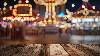 Blurred carnival lights at night with wooden table