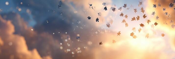 Puzzle Pieces Scattered Among the Clouds During Sunset, Creating a Surreal and Dreamlike Atmosphere