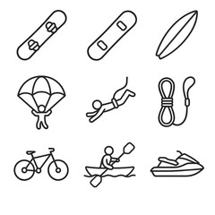Skateboard ski bungee mountain parachute icons extreme sports rope climbing vector jet