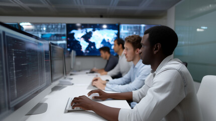 Group of computer specialists analyzing cyber threats in security center, large digital world map on screen, multiple monitors with data, modern IT environment IT specialists, cybe