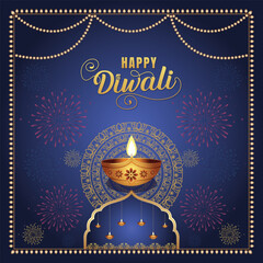 Happy Diwali Indian festival of lights with glowing diya and fireworks on festive background, ideal for greeting cards, banners, and abstract vector design