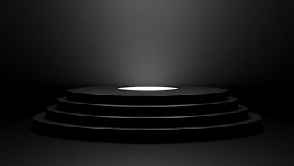 Dark, multitiered circular stage with spotlight