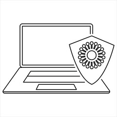Editable Stroke Laptop with Shield Icon – Secure Device Vector Symbol for Cybersecurity, Data Protection & Digital Safety with Customizable Line Weight