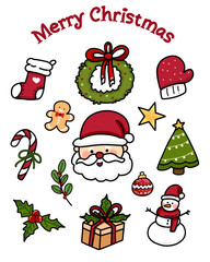 Merry christmas icons set, stickers, art clips, illustration