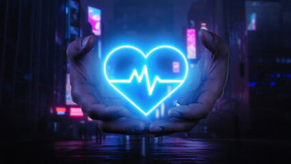 Neon heart with cardiogram in hands against a futuristic city