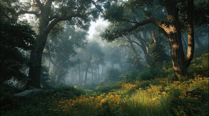 Obraz premium Ancient forest with moody overcast atmosphere