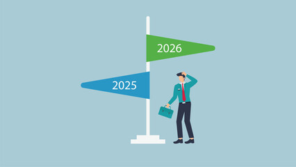 Businessman confused about the future direction between 2025 and 2026, choosing the right path