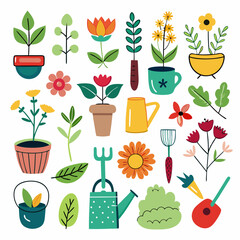Vector Illustration of Gardening Tools and Plants Collection