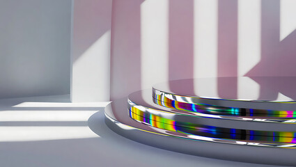 Abstract holographic ribbons on a pedestal in soft light