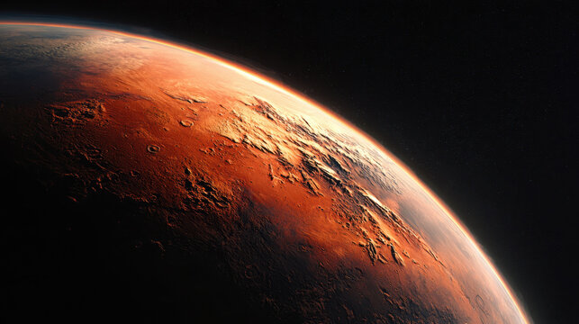 Photorealistic close-up view of the red planet mars showing detailed craters, ridges and glowing atmosphere from space