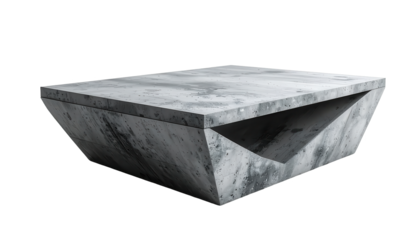 Conceptual image of a modern, geometric concrete coffee table against a stark black backdrop, showcasing texture, form, and a minimalist design with a unique angular cut.