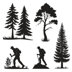 Silhouette collection of trees and hikers on white background