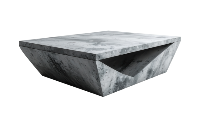 Conceptual image of a modern, geometric concrete coffee table against a stark black backdrop, showcasing texture, form, and a minimalist design with a unique angular cut.