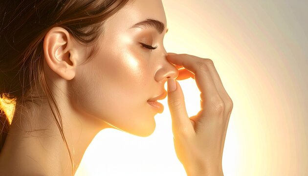A serene woman with glowing skin practices a breathing exercise with her eyes closed in warm light.