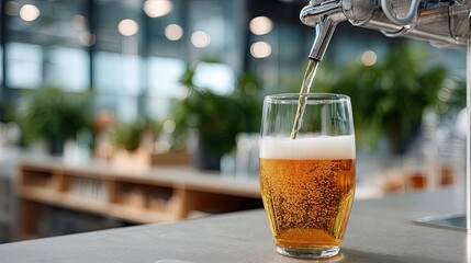Golden liquid fills a glass as a bartender expertly serves craft beer from a sleek tap system at a lively bar atmosphere
