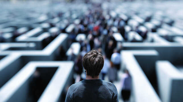 Double exposure of maze lines over a walking person, metaphor for navigating complex life paths in public maze metaphor, complex choices, life navigation, lost in crowd, decision f