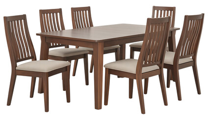 Fototapeta premium Wooden dining table with six chairs, high-quality product photo, cutout, PNG isolated on white or transparent background