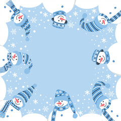 Christmas Frame with Cute Snowmen. Christmas Greeting Card Template with Blank Space for Wishes. Holiday Border. Happy Snowmen in Hats, Scarves. Snowflakes. Vector in Blue, White