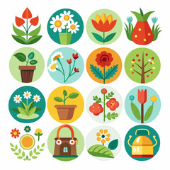 Sixteen circle icons with flat floral and plant illustrations