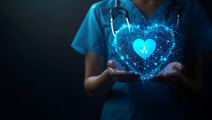 Doctor holding glowing heart with medical data visualization