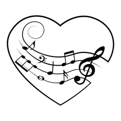 Love music, heart shape and musical notes, isolated vector illustration.