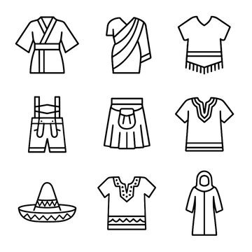 Traditional clothing icons sari poncho abaya sombrero kilt icon vector lederhosen kimono