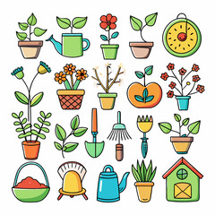 Flat vector garden tools and plants arrangement on white