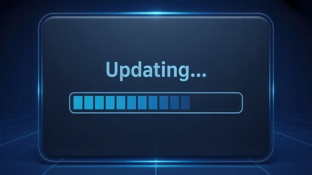 Dynamic digital interface displays 'Updating...' with a vibrant progress bar, signaling technological advancement and system enhancement