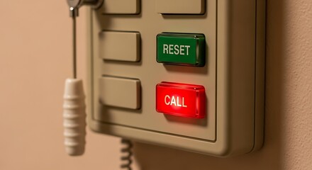 Naklejka premium Close up of a hospital call button system with reset and call buttons.