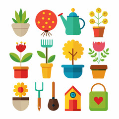 Flat design gardening tool and plant icons isolated