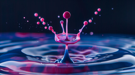 Macro photography of a pink paint drop falling into blue water with splash and tiny droplets on a dark background