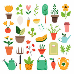 Cute gardening tools and plants in a flat style