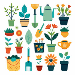 Colorful flat illustration of garden tools and potted plants