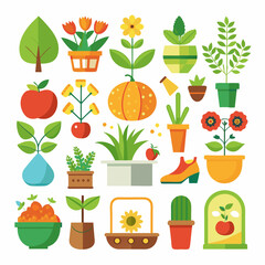 Flat vector set of garden plants and other items