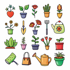 Collection of colorful gardening elements, plants and accessories