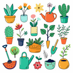 Cute hand-drawn illustrations of various plants and gardening tools