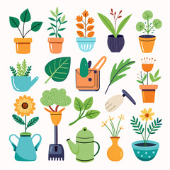Collection of potted plants and gardening equipment vector art