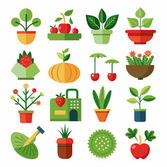 Diverse collection of potted plants and fruits vector icons