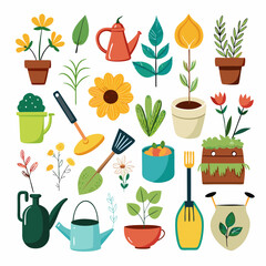 Collection of gardening tools and plants in flat vector style